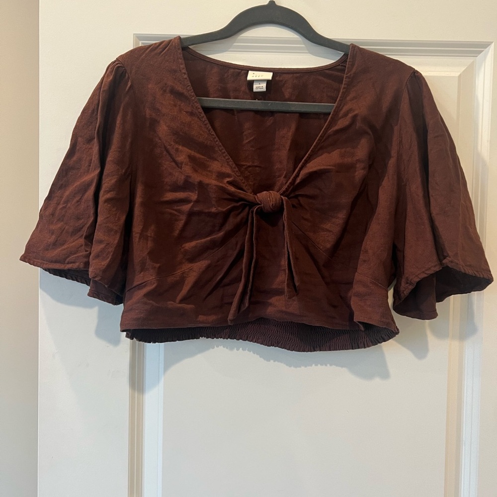 Target Cropped Brown Linen Tie Front Shirt - Large